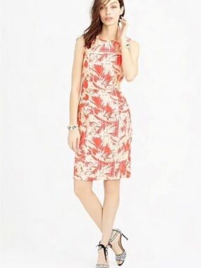 J. Crew Coral and Cream Leaf-Print Midi Dress